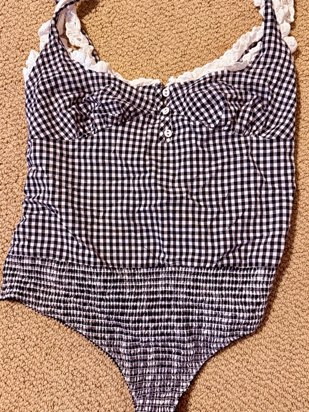 Free People Black and White Gingham Lace-Trim Bodysuit